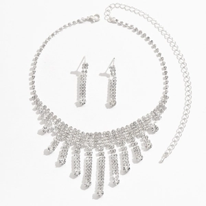 Set di gioielli da sposa con collana a frange di strass e orecchini in argento lucido