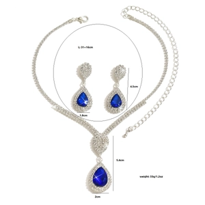 Detailed view of silver water drop jewelry set with navy blue stones and dimensions