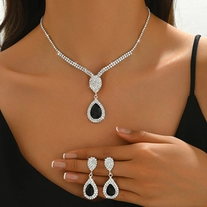 Elegant jewelry set with pear-cut black gemstone necklace and teardrop earrings for women