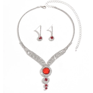 Exaggerated bridal jewelry set with V-shaped ruby rhinestone necklace and long drop earrings