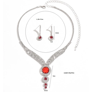 Detail of silver bridal jewelry set with red crystal pendants and necklace dimensions