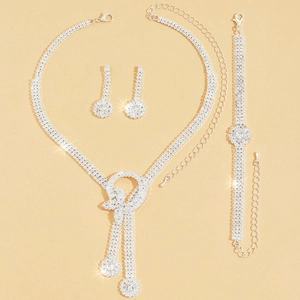 Sparkling silver bow tassel jewelry set with rhinestone necklace earrings and bracelet