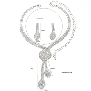 Detailed view of silver crystal necklace and waterdrop earrings with size measurements