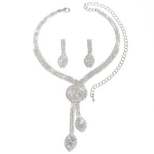 Elegant bridal jewelry set with silver crystal Y-necklace and leaf-shaped earrings