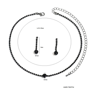 Detail view of black rhinestone necklace and earrings set with specific size measurements