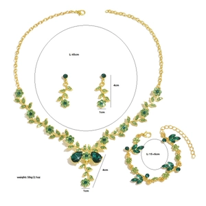 Detailed dimensions of bridal green crystal necklace, earrings, and bracelet set