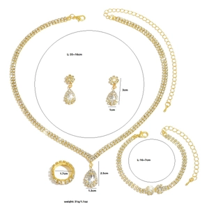 Detail showing bridal jewelry set dimensions with sparkling rhinestone necklace and earrings