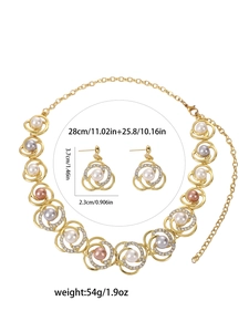 Close-up of alloy jewelry set with pearls and rhinestones showing necklace and earrings