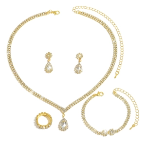 Elegant 4-piece bridal jewelry set with sparkling rhinestones and teardrop pendants