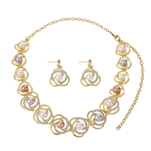 Elegant gold-plated jewelry set with colorful pearls and spiral crystal petals