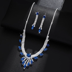 Parure de bijoux de mariage avec collier de larmes bleues et boucles d'oreilles pendantes