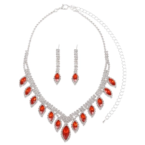 Brautschmuck-Set mit silberner Halskette und roten Marquis-Strass-Ohrringen für Hochzeiten