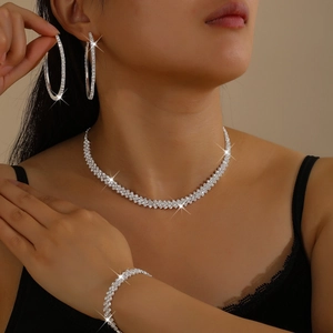Luxury Alloy Rhinestone Necklace Earrings Bracelet Jewelry Collection For Women Wedding Banquet Party Shiny Choker Accessory