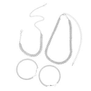 Sparkling silver crystal jewelry set with necklace, bracelet and large hoop earrings