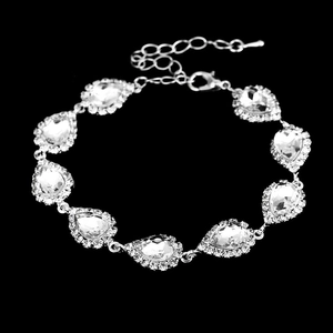 Detailed view of teardrop rhinestone bracelet with lobster clasp and extension chain