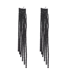 Eleganti orecchini lunghi con nappe nere e strass scintillanti dal design minimalista chic