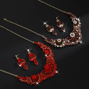 Luxurious crystal flower necklace and earring sets in red and purple for banquet dresses