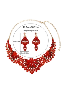 Detail view of red crystal necklace and earrings set with exact size measurements
