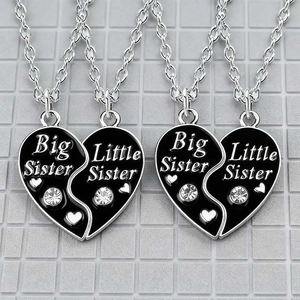 Ciondoli a cuore coordinati Big Little Sister con smalto nero e strass scintillanti