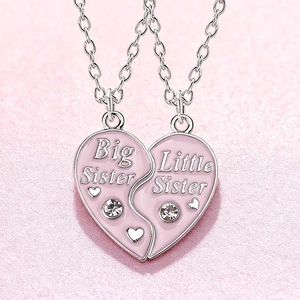 Set di collane con ciondolo a cuore Big e Little Sister in smalto rosa e cristalli