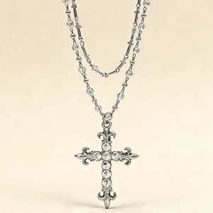 Y2K gothic double layer necklace featuring a large zircon cross pendant and beaded chain