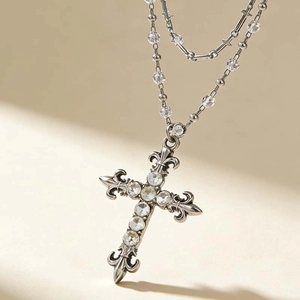 Gothic silver layered necklace featuring a vintage cross pendant and beaded zircon chain