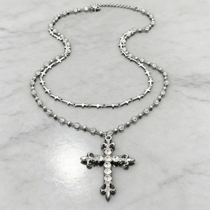 Double-layered silver necklace with zircon cross pendants in Y2K gothic fashion style