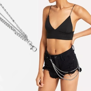 Punk style silver triple-layered metal pants chain with lobster clasps on black denim shorts