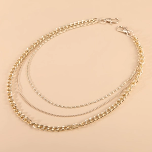 Three-layer gold metal waist chain with Cuban and twist links for unisex punk style