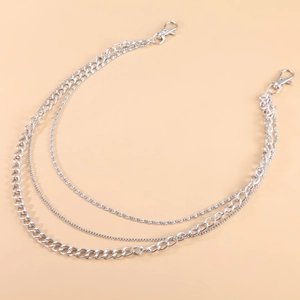 Three-layer silver metal waist chain featuring punk style Cuban and snake link designs