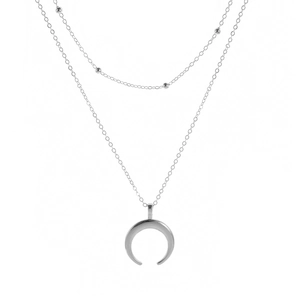 Bohemian layered crescent horn necklace in silver finish with beaded chain detail
