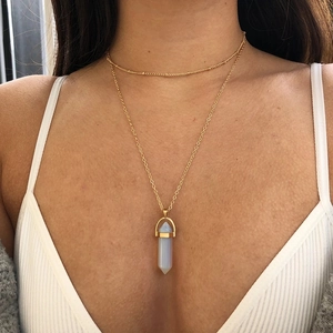 Bohemian Double Layered Zinc Alloy Necklace For Women Geometric Hexagonal Artificial Stone Column Pendant Fashion Jewelry