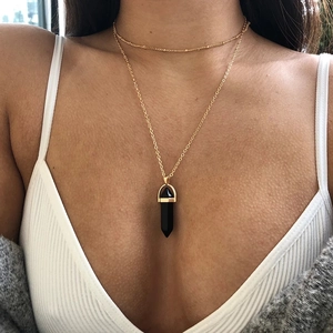 Double-layered gold necklace with black hexagonal crystal pendant for women