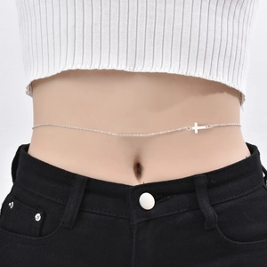 Fashionable silver alloy waist chain with horizontal cross pendant on female model