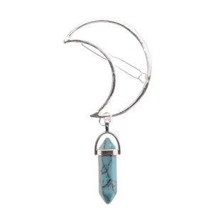 Bohemian silver alloy moon hair clip with a turquoise hexagonal prism pendant for women