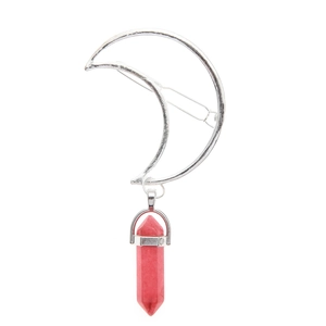 Silver crescent moon hair clip with pink hexagonal crystal pendant in bohemian style
