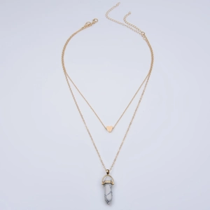 Double-layered gold necklace with heart pendant and white marble hexagonal prism charm