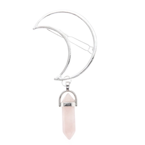 Bohemian silver moon hair clip featuring a hexagonal pink crystal quartz pendant