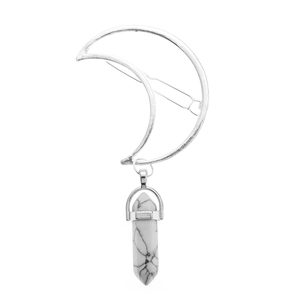 Vintage crescent moon hair clip with white marble hexagonal stone pendant for women