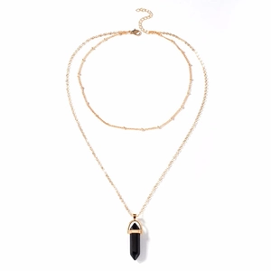 Double-layered gold chain necklace with a black hexagonal crystal stone pendant