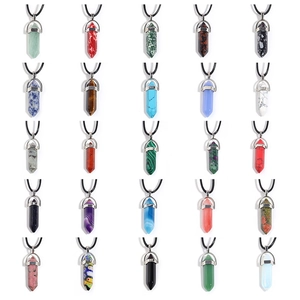 Matrix of 25 crystal hexagonal prism pendant necklaces with black cords in various colors