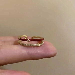 Adjustable red enamel and zircon double-layer star ring in vintage gold finish for women