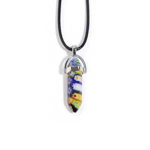 Detailed macro view of colorful millefiori crystal hexagonal pendant with silver clasp