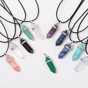 Set of 11 hexagonal crystal column necklaces with black leather cord and metal clasps