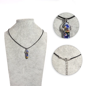 Colorful Millefiori glass hexagonal pendant necklace on black cord with silver clasp