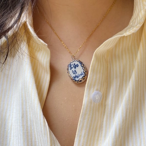 Vintage Stainless Steel Ceramic Look Pendant Necklace For Women Men Gold Plated Animal Floral Coffee Machine Jewelry Accessory