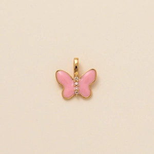 Goldener Schmetterling-Anhänger mit rosa Emaille-Flügeln und weißem Zirkonia