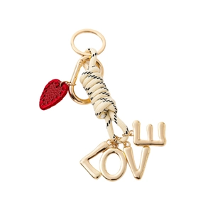 Fashion 18K gold-plated LOVE letter charm keychain with red heart pendant and woven rope