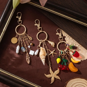 14K Gold Plated Copper Bag Charm Keychain Accessory With Fruit Sea Shell Pendants For Women Backpack Decoration Gift