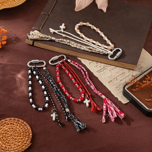 Bohemian Bag Charm Keychain With Cross Pendant Cotton Cord Bead Tassel For Women Vintage Handmade Fashion Accessory